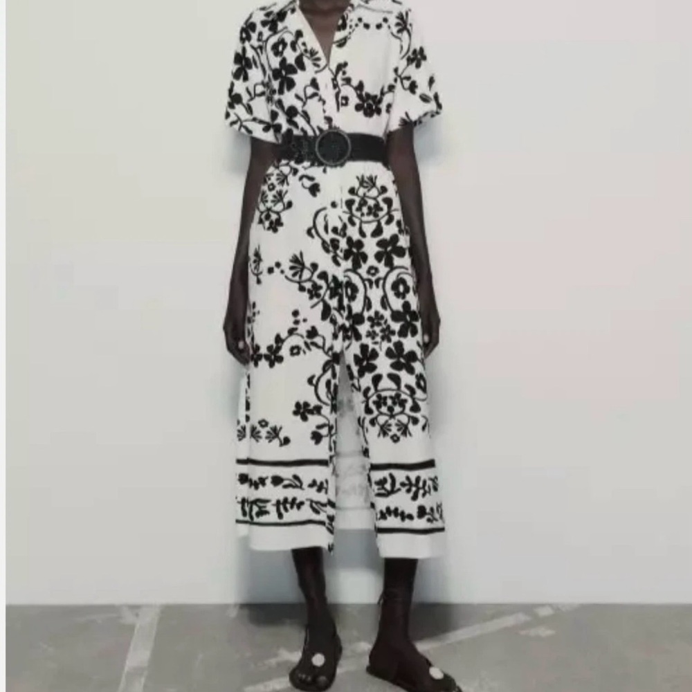 Linen Blend Zara Shirt Dress Minimalist Black White Print Button Down Pockets XL - Picture 5 of 16